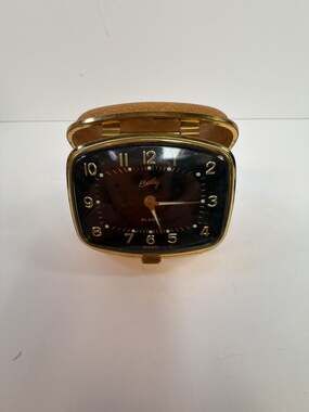 Vintage Bradley Wind-Up Clamshell Travel Alarm Clock, Gold-Tone & Tan Leather Ca